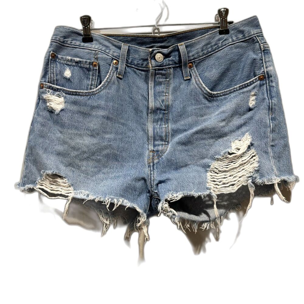 Levi's 501 Denim Shorts Distressed Cutoff Jean Button Festival Fly Women sz 31